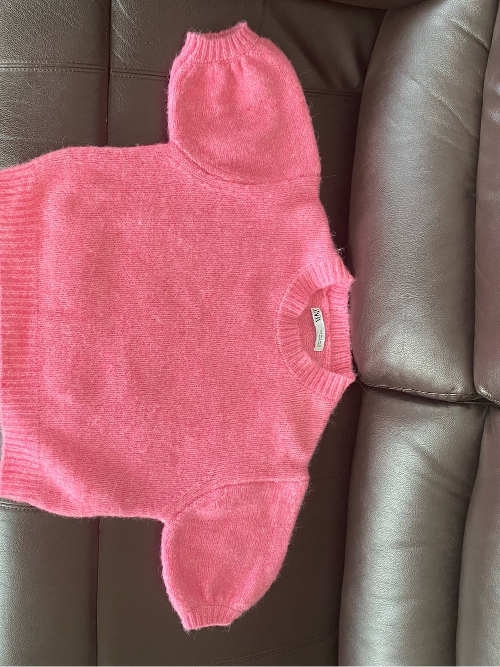 ZARA Pink Fuzzy Knit Short Puff Sleeve Sweater Size S